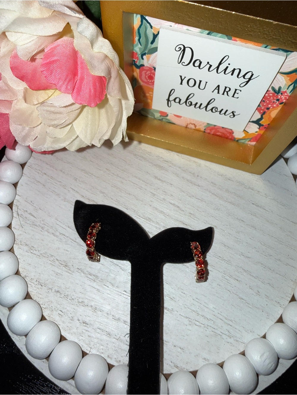 Vintage 14K Yellow Gold Garnet-Inspired Red Stone Half Hoop Earrings 2.36g